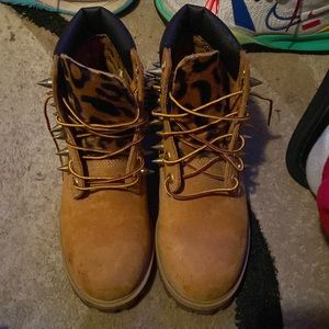 Timberlands size 7, with spikes and cheetah print tongue